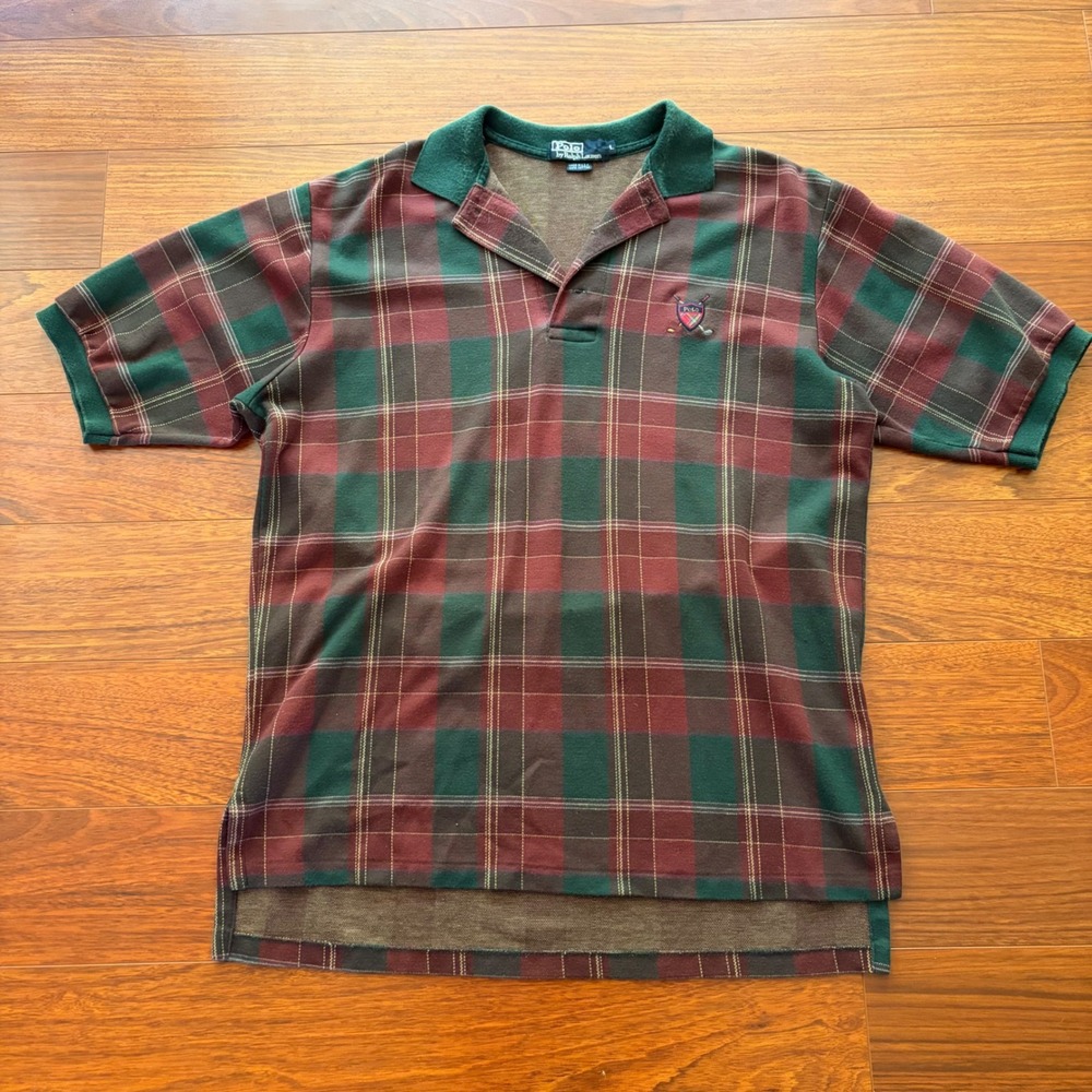 Vintage 90s Polo Ralph Lauren Plaid Golf Crest Polo Shirt Green Maroon USA Made